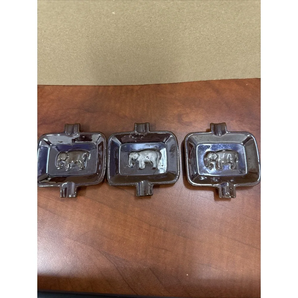 Vintage Elephant Ashtray Japan Individual Set Of 3 Trays Brown Luster Redware